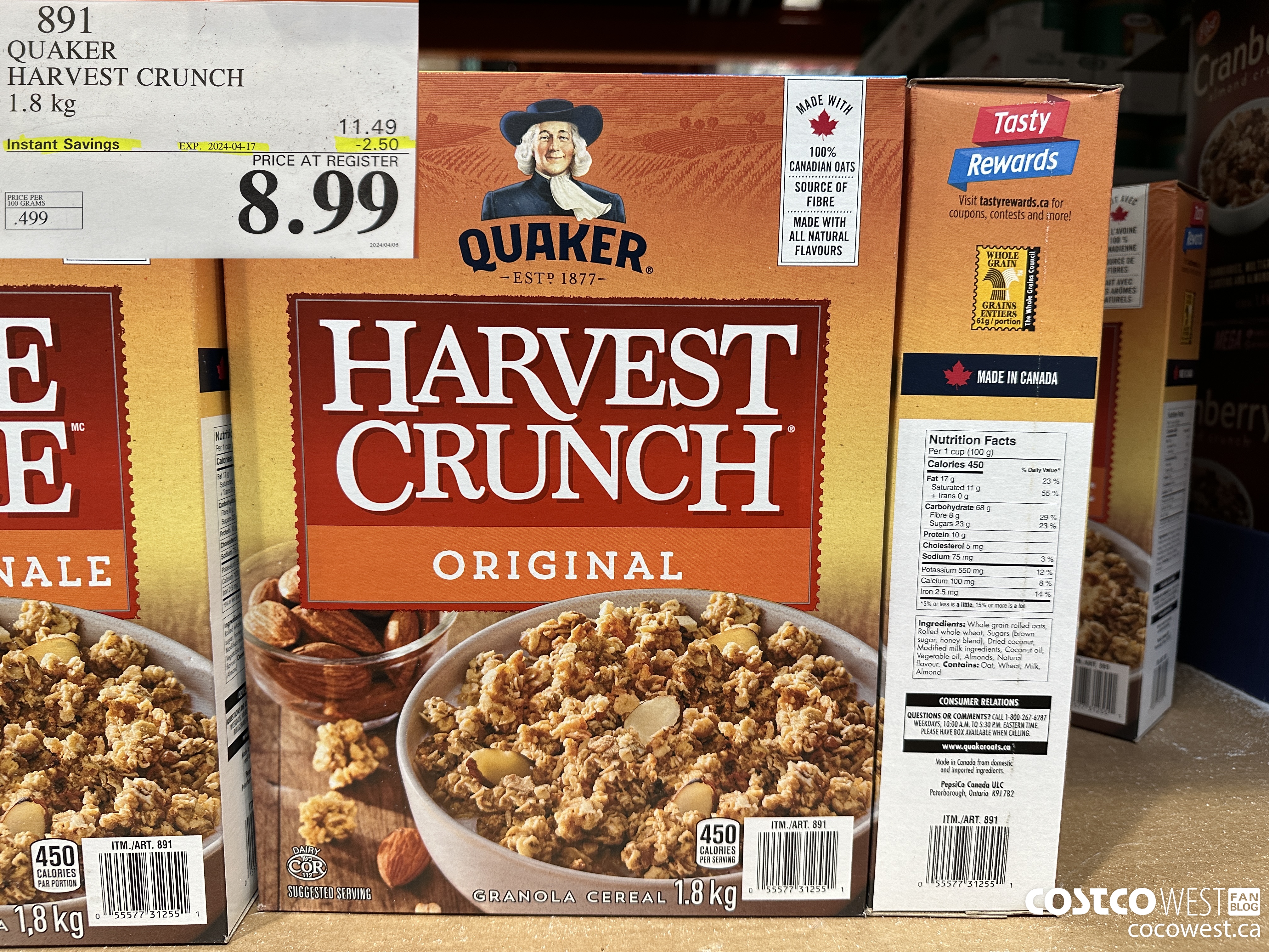 891 QUAKER HARVEST CRUNCH 1.8 KG ($2.50 INSTANT SAVINGS EXPIRES ON 2024-04-17) $8.99