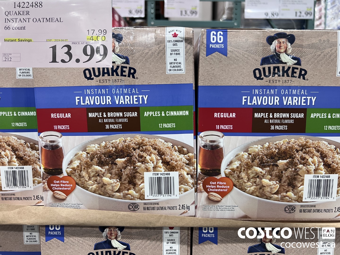 1422488 QUAKER INSTANT OATMEAL 66 COUNT ($4.00 INSTANT SAVINGS EXPIRES ON 2024-04-07) $13.99
