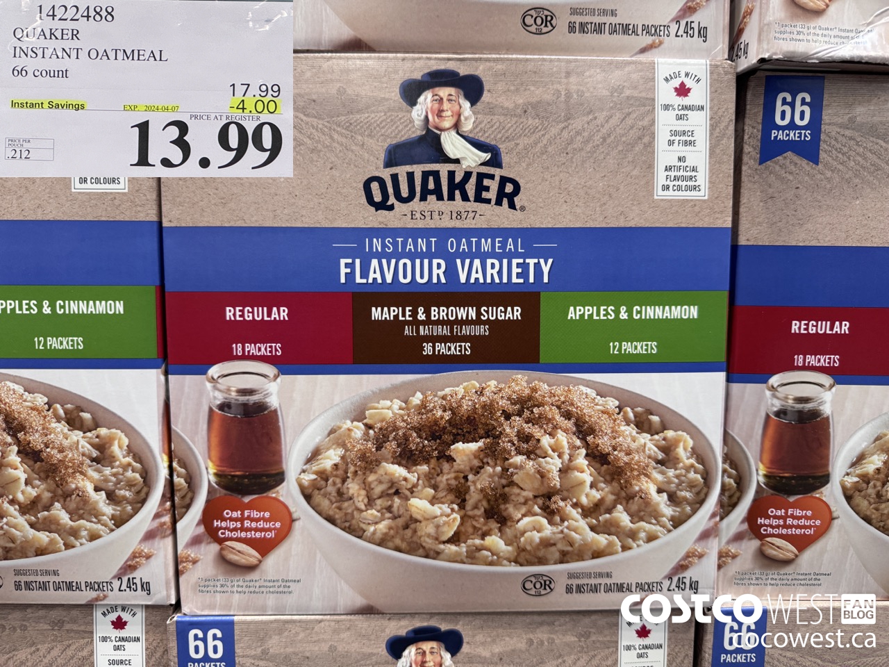 1422488 QUAKER INSTANT OATMEAL 66 COUNT ($4.00 INSTANT SAVINGS EXPIRES ON 2024-04-07) $13.99