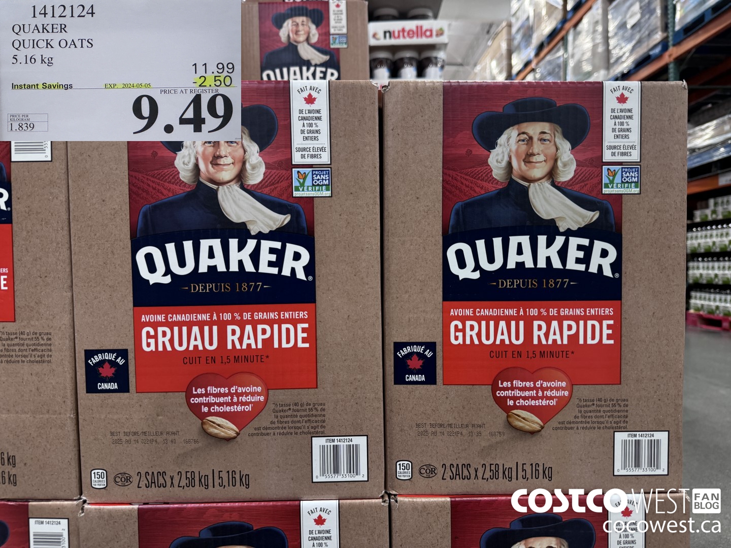 1412124 QUAKER QUICK OATS 5.16 kg ($2.50 INSTANT SAVINGS EXPIRES ON 2024-05-05) $9.49