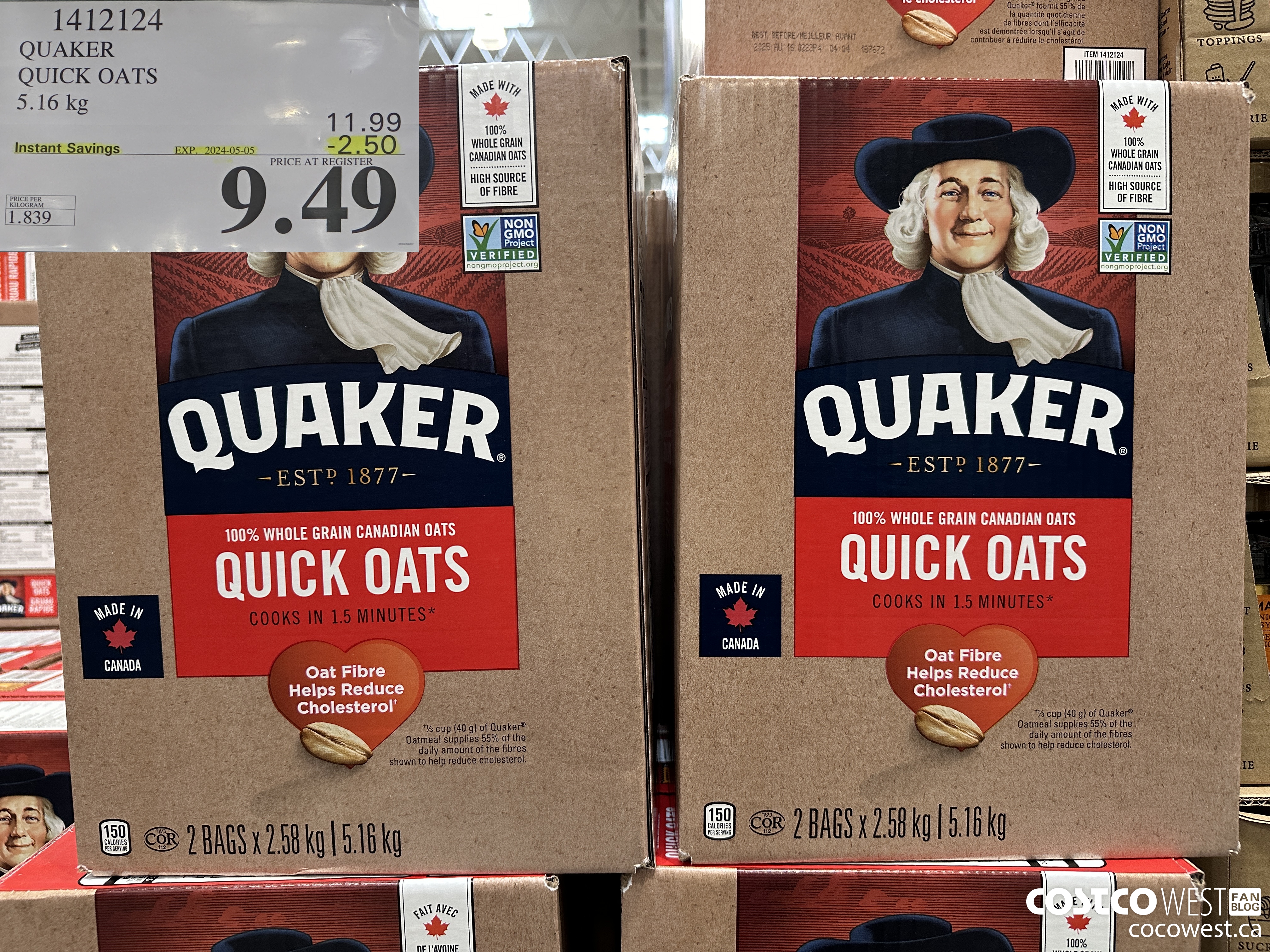 1412124 QUAKER QUICK OATS 5.16 kg ($2.50 INSTANT SAVINGS EXPIRES ON 2024-05-05) $9.49