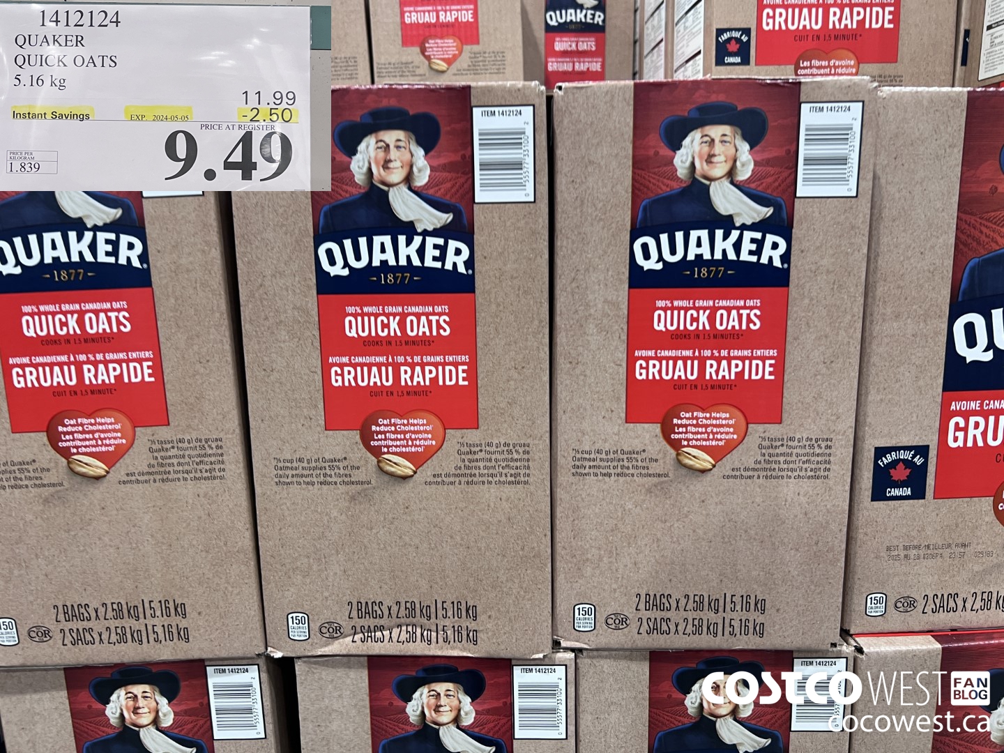 1412124 QUAKER QUICK OATS 5.16 kg ($2.50 INSTANT SAVINGS EXPIRES ON 2024-05-05) $9.49