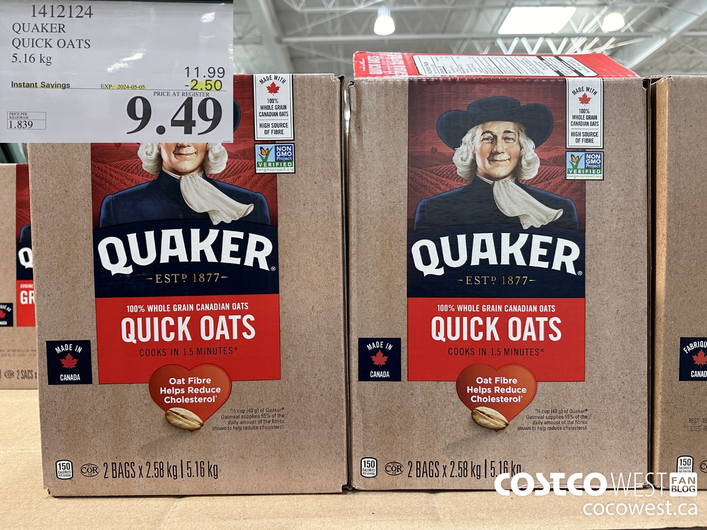 1412124 QUAKER QUICK OATS 5.16 kg ($2.50 INSTANT SAVINGS EXPIRES ON 2024-05-05) $9.49