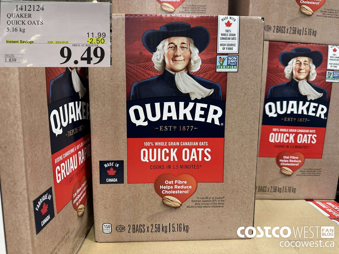 1412124 QUAKER QUICK OATS 5.16 kg ($2.50 INSTANT SAVINGS EXPIRES ON 2024-05-05) $9.49