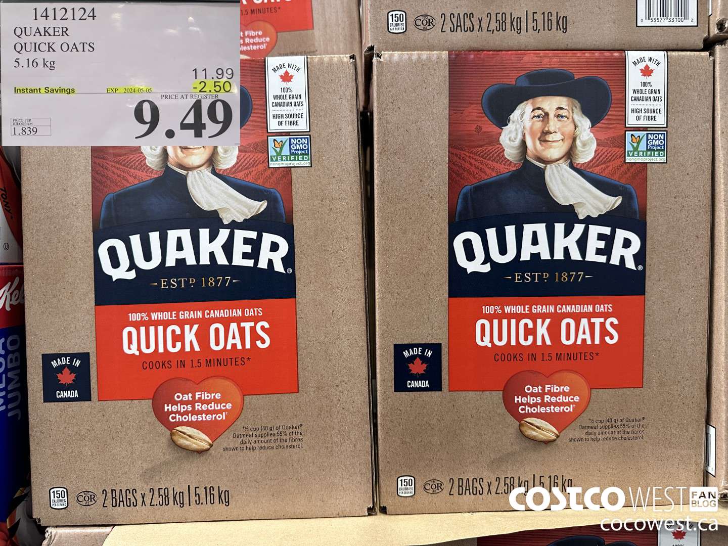 1412124 QUAKER QUICK OATS 5.16 kg ($2.50 INSTANT SAVINGS EXPIRES ON 2024-05-05) $9.49