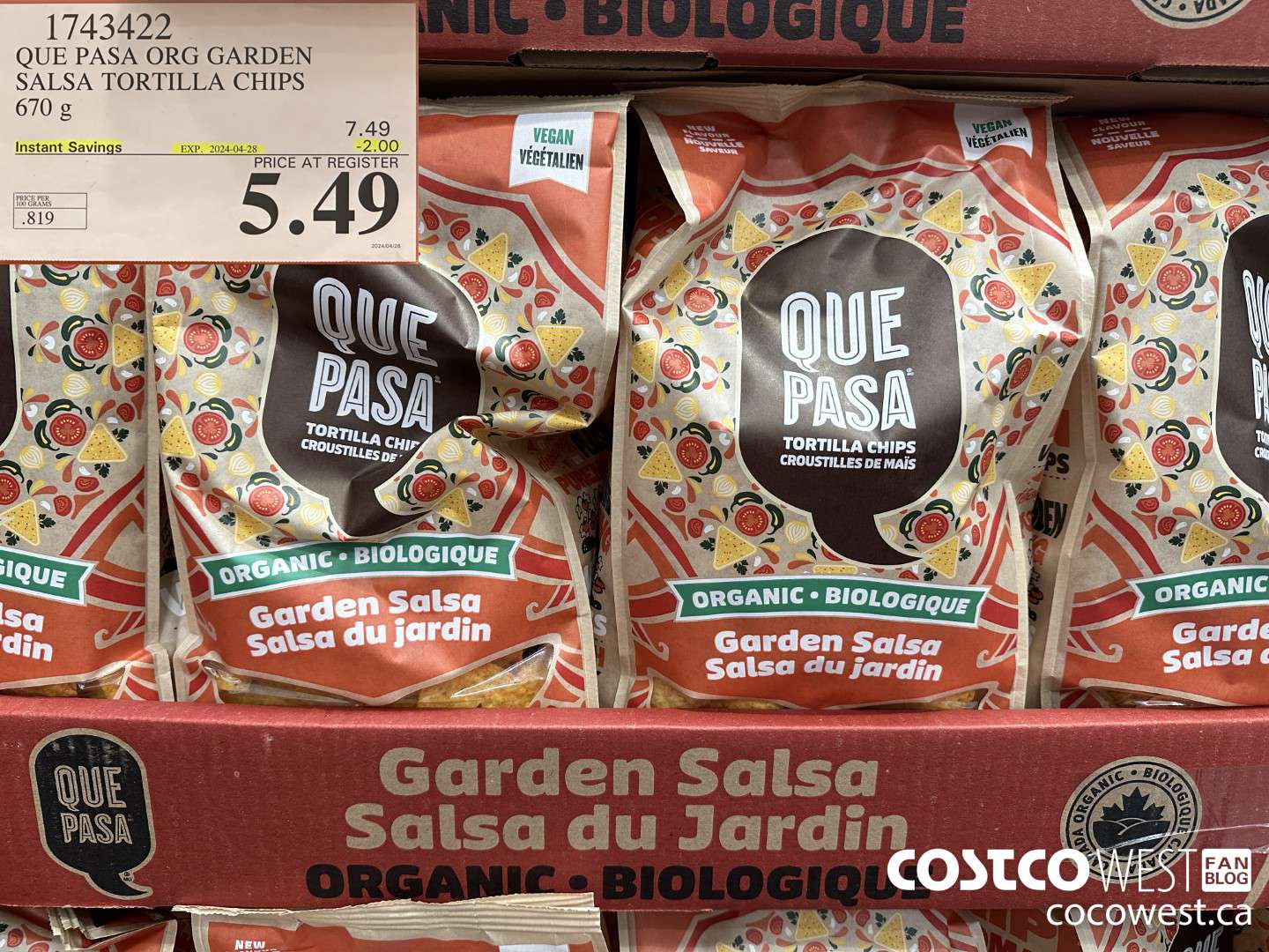 1743422 QUE PASA ORG GARDEN SALSA TORTILLA CHIPS 670 G ($2.00 INSTANT SAVINGS EXPIRES ON 2024-04-28) $5.49