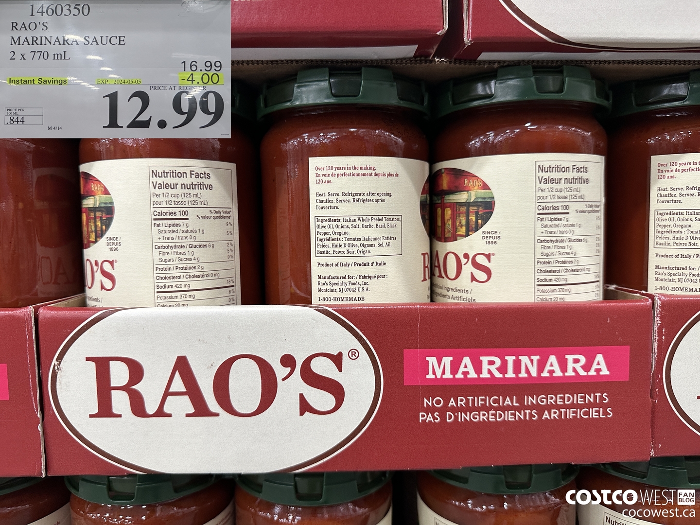 1460350 RAO'S MARINARA SAUCE 2 x 770mL ($4.00 INSTANT SAVINGS EXPIRES ON 2024-05-05) $12.99