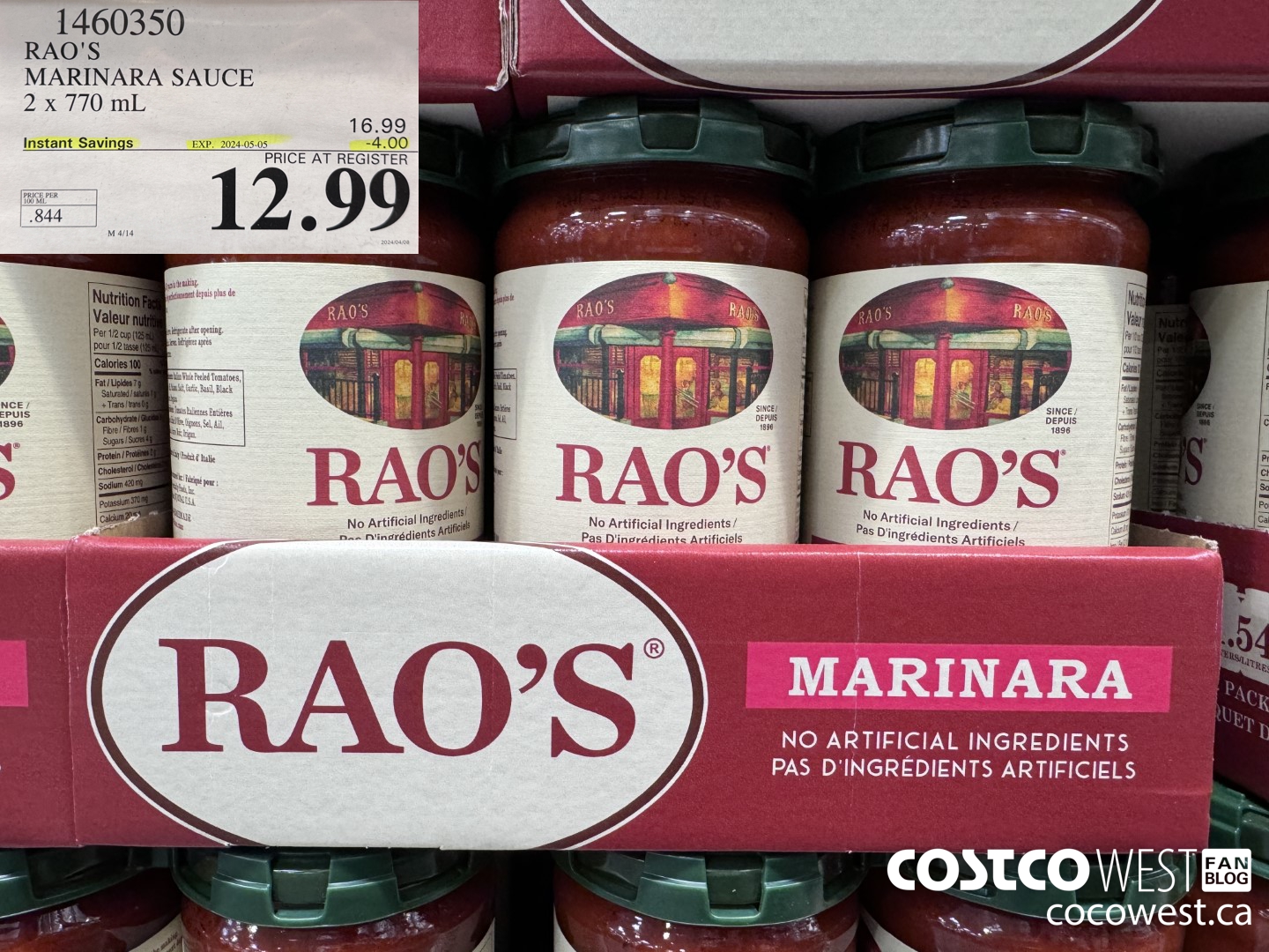 1460350 RAO'S MARINARA SAUCE 2 x 770mL ($4.00 INSTANT SAVINGS EXPIRES ON 2024-05-05) $12.99