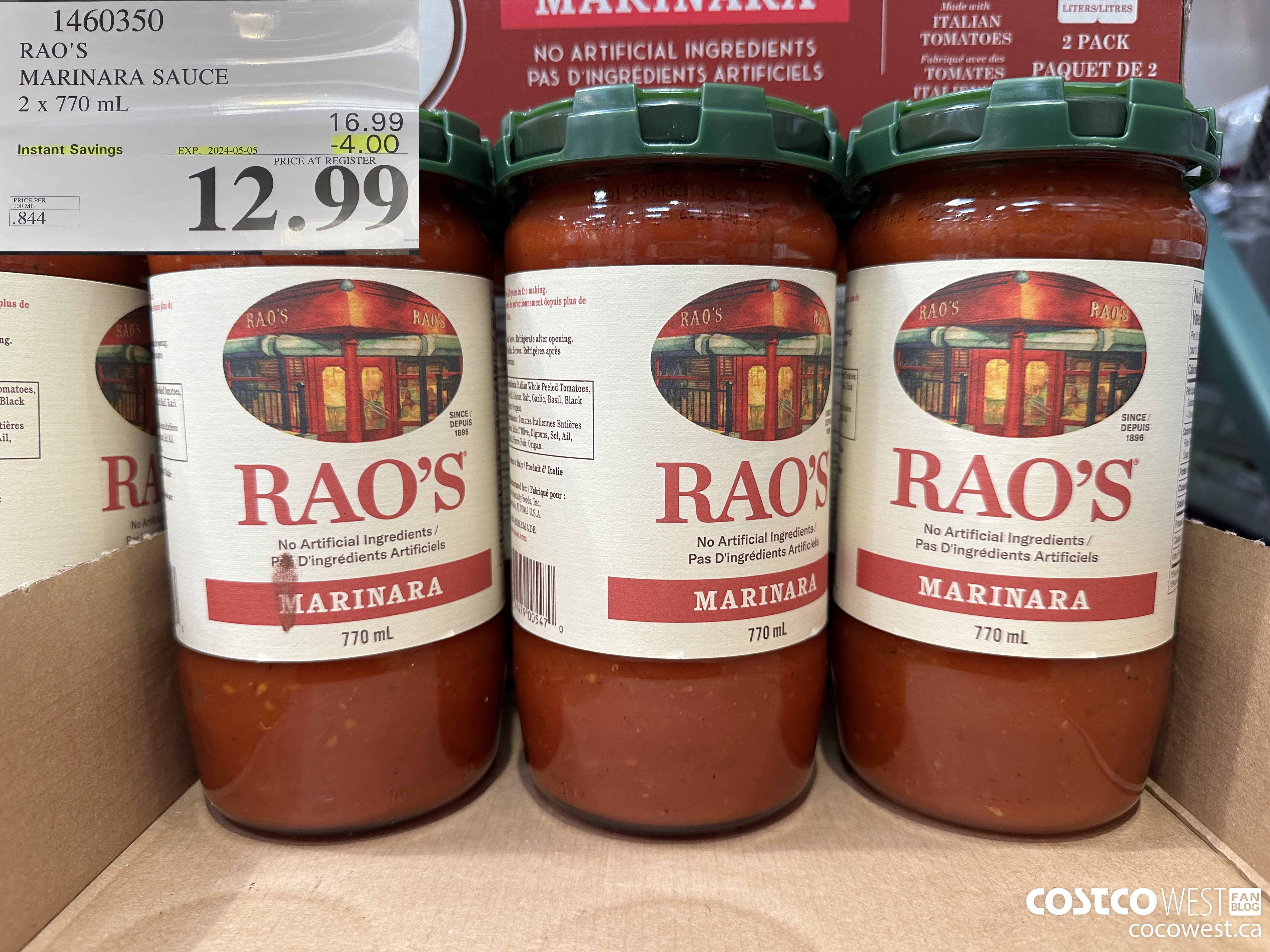 1460350 RAO'S MARINARA SAUCE 2 x 770mL ($4.00 INSTANT SAVINGS EXPIRES ON 2024-05-05) $12.99