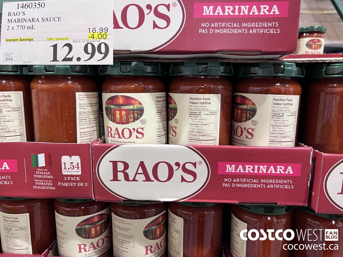 1460350 RAO'S MARINARA SAUCE 2 x 770mL ($4.00 INSTANT SAVINGS EXPIRES ON 2024-05-05) $12.99