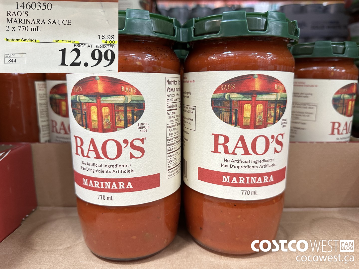 1460350 RAO'S MARINARA SAUCE 2 x 770mL ($4.00 INSTANT SAVINGS EXPIRES ON 2024-05-05) $12.99