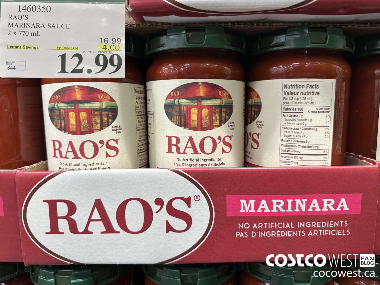 1460350 RAO'S MARINARA SAUCE 2 x 770mL ($4.00 INSTANT SAVINGS EXPIRES ON 2024-05-05) $12.99