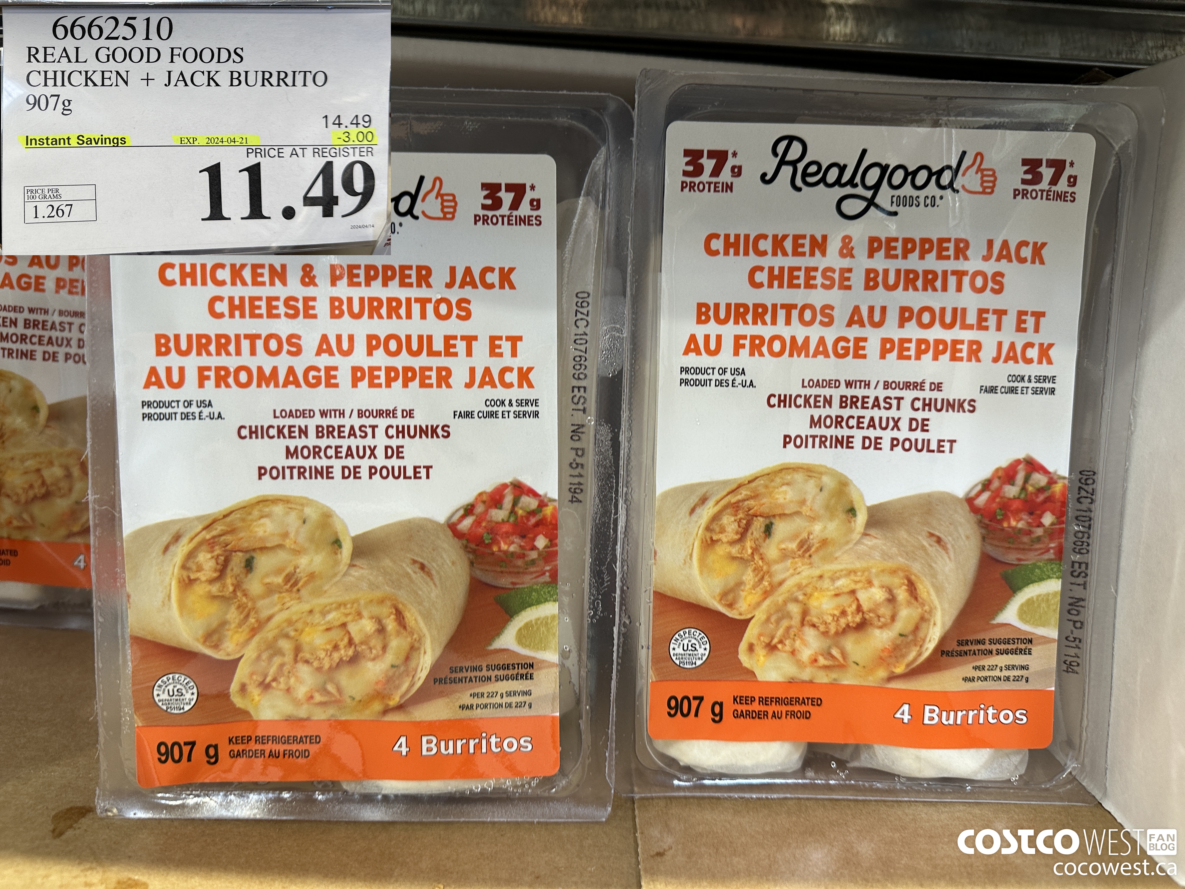 6662510 REAL GOOD FOODS CHICKEN & JACK BURRITO 907G ($3.00 INSTANT SAVINGS EXPIRES ON 2024-04-21) $11.49
