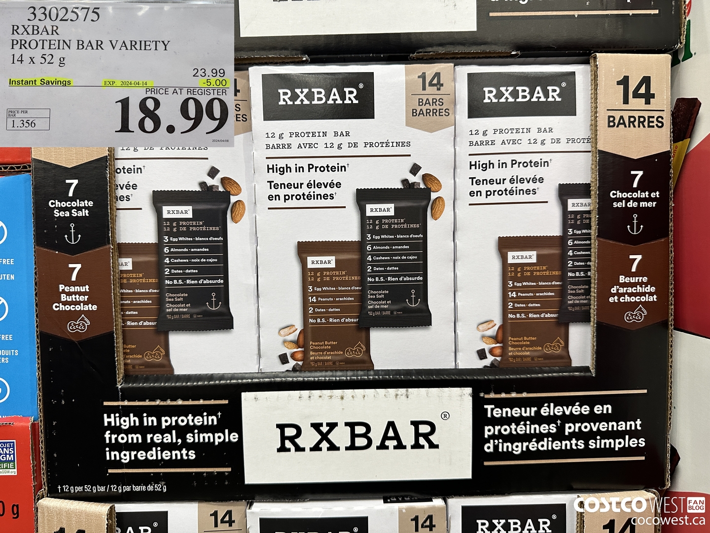 3302575 RXBAR PROTEIN BAR VARIETY 14 X 52 G ($5.00 INSTANT SAVINGS EXPIRES ON 2024-04-14) $18.99