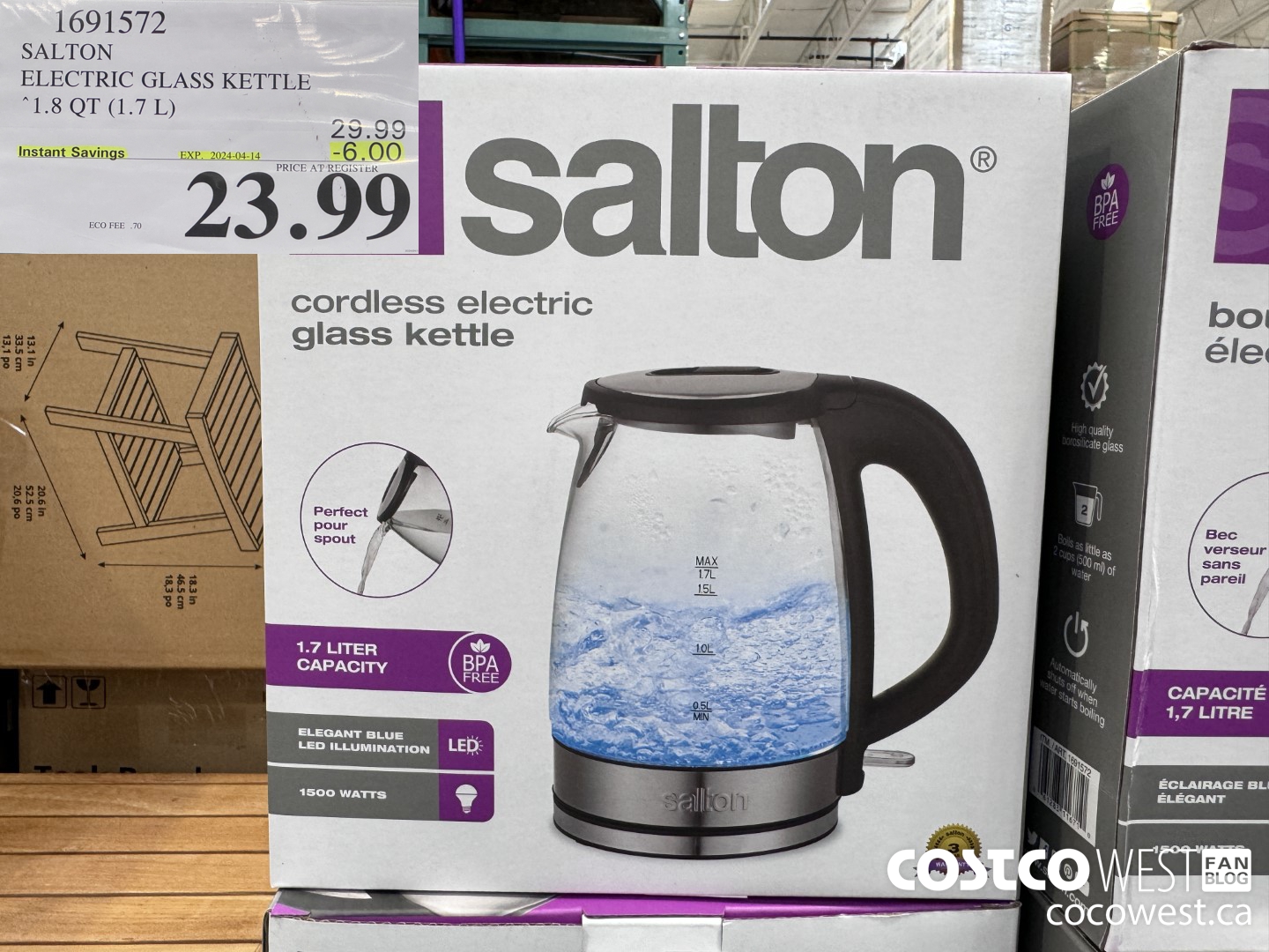 1691572 SALTON CORDLESS ELECTRIC GLASS KETTLE 1.7L (1.8 QT) ($6.00 INSTANT SAVINGS EXPIRES ON 2024-04-14) $23.99