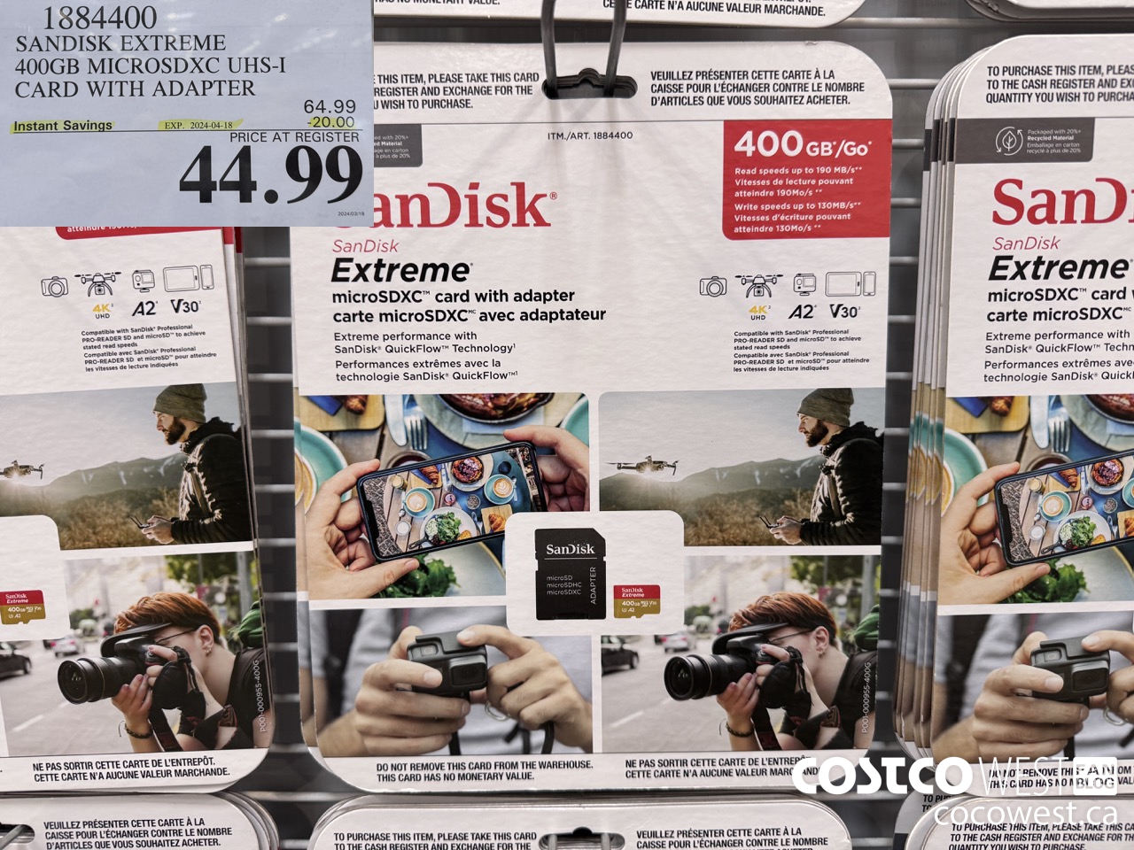 1884400 SANDISK EXTREME 400GB MICROSDXC UHS-I WITH ADAPTER ($20.00 INSTANT SAVINGS EXPIRES ON 2024-04-18) $44.99