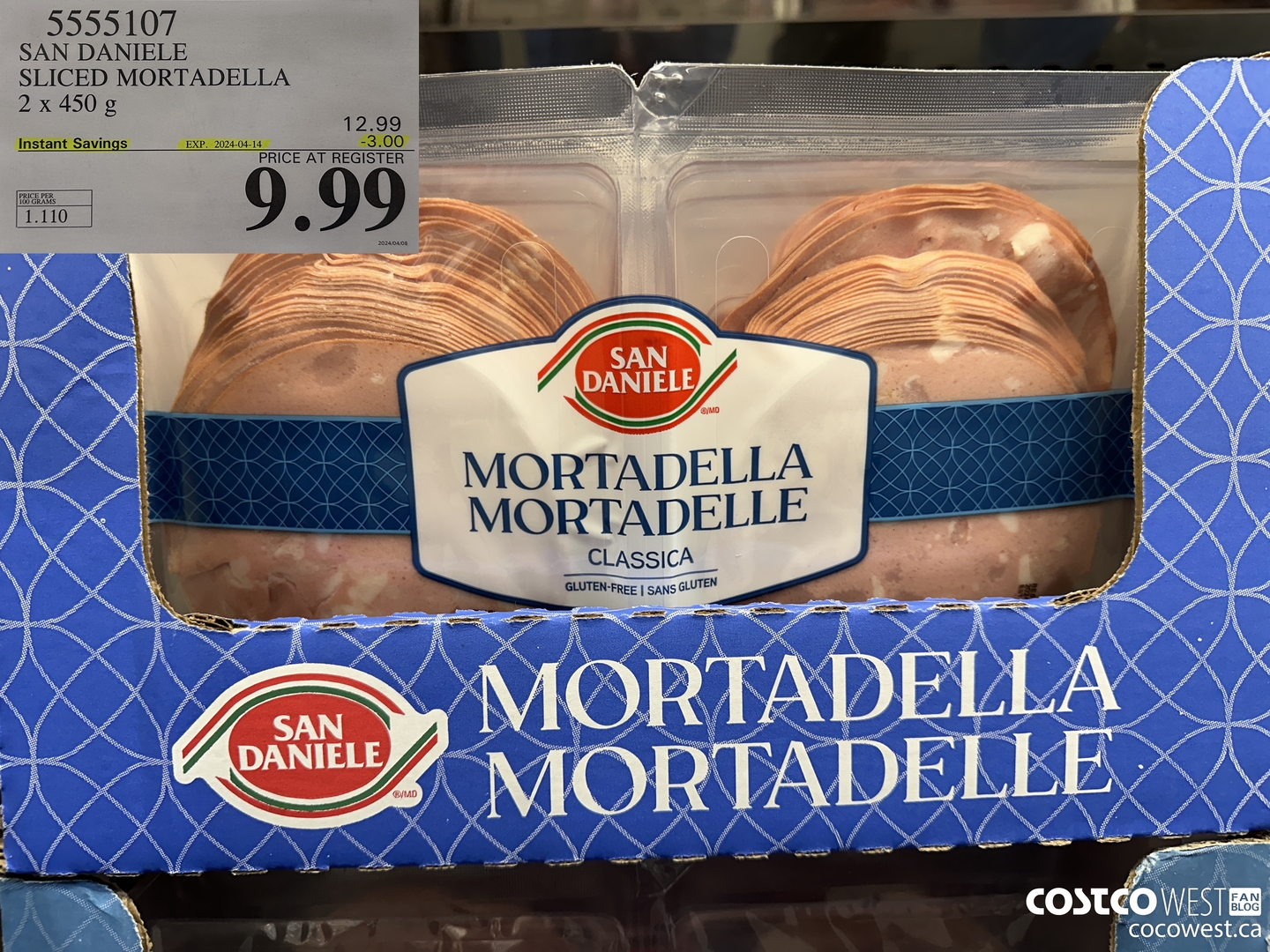 5555107 SAN DANIELE SLICED MORTADELLA 2 X 450G ($3.00 INSTANT SAVINGS EXPIRES ON 2024-04-14) $9.99