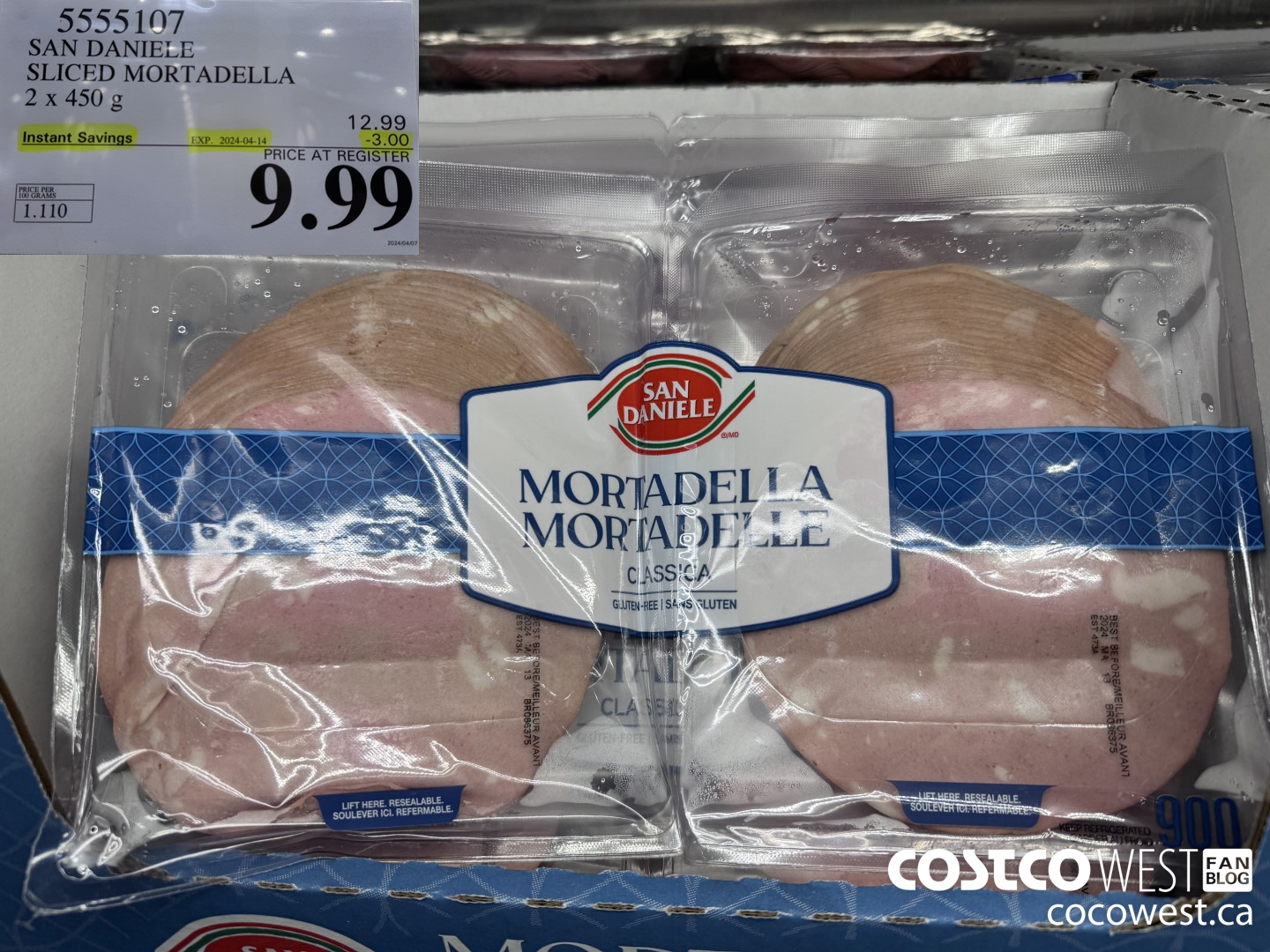 5555107 SAN DANIELE SLICED MORTADELLA 2 X 450G ($3.00 INSTANT SAVINGS EXPIRES ON 2024-04-14) $9.99