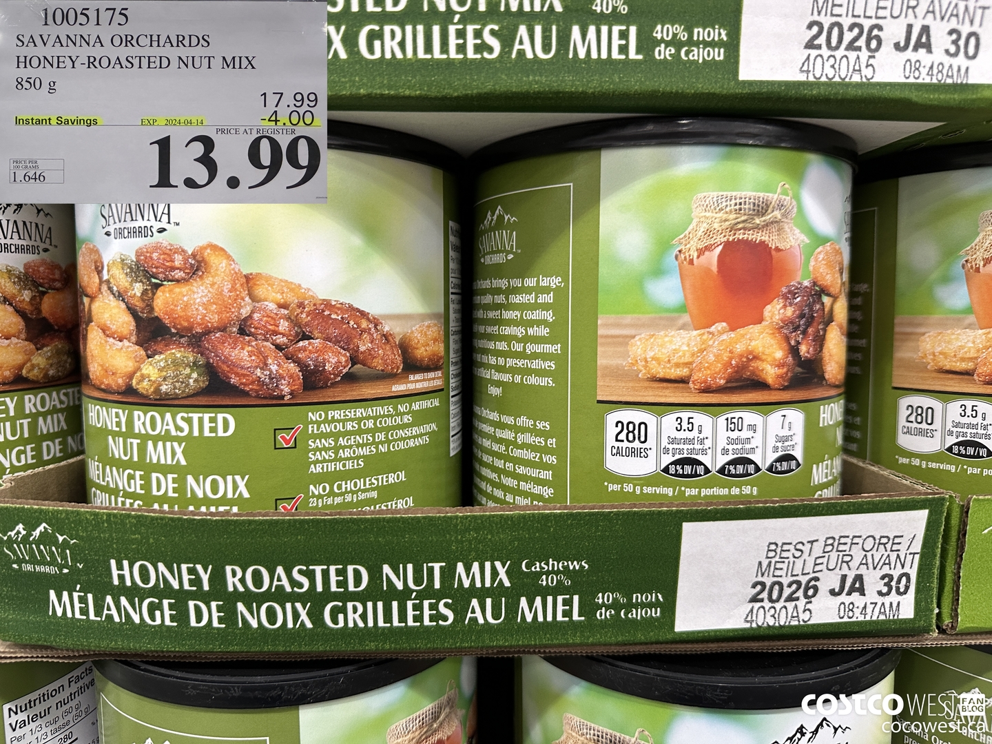 1005175 SAVANNA ORCHARDS HONEY-ROASTED NUT MIX 850 G ($4.00 INSTANT SAVINGS EXPIRES ON 2024-04-14) $13.99