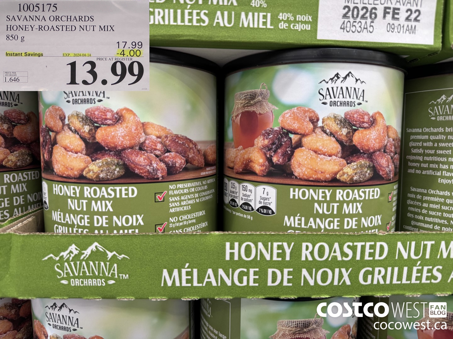 1005175 SAVANNA ORCHARDS HONEY-ROASTED NUT MIX 850 G ($4.00 INSTANT SAVINGS EXPIRES ON 2024-04-14) $13.99