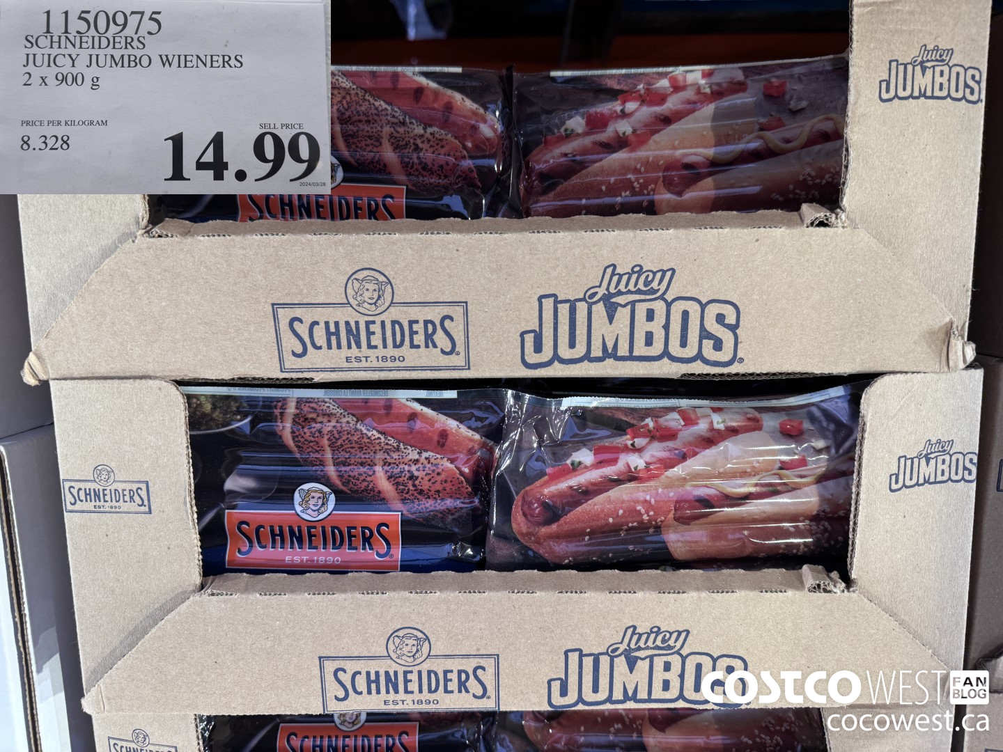 1150975 SCHNEIDERS JUICY JUMBO WIENERS 2 x 900 g $14.99