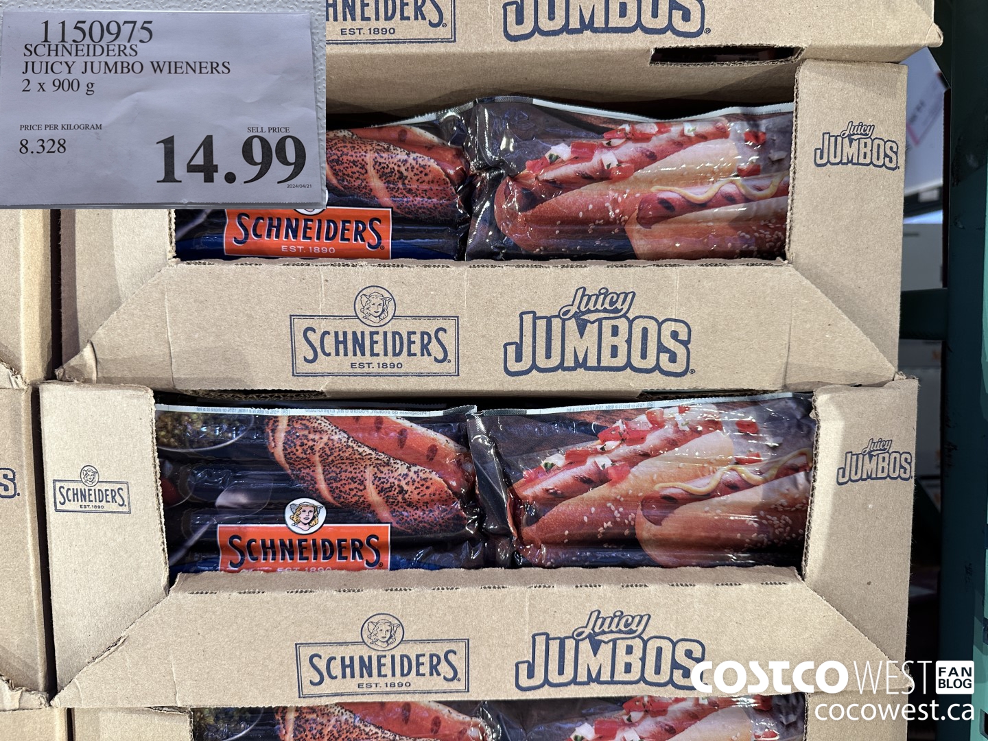 1150975 SCHNEIDERS JUICY JUMBO WIENERS 2 x 900 g $14.99