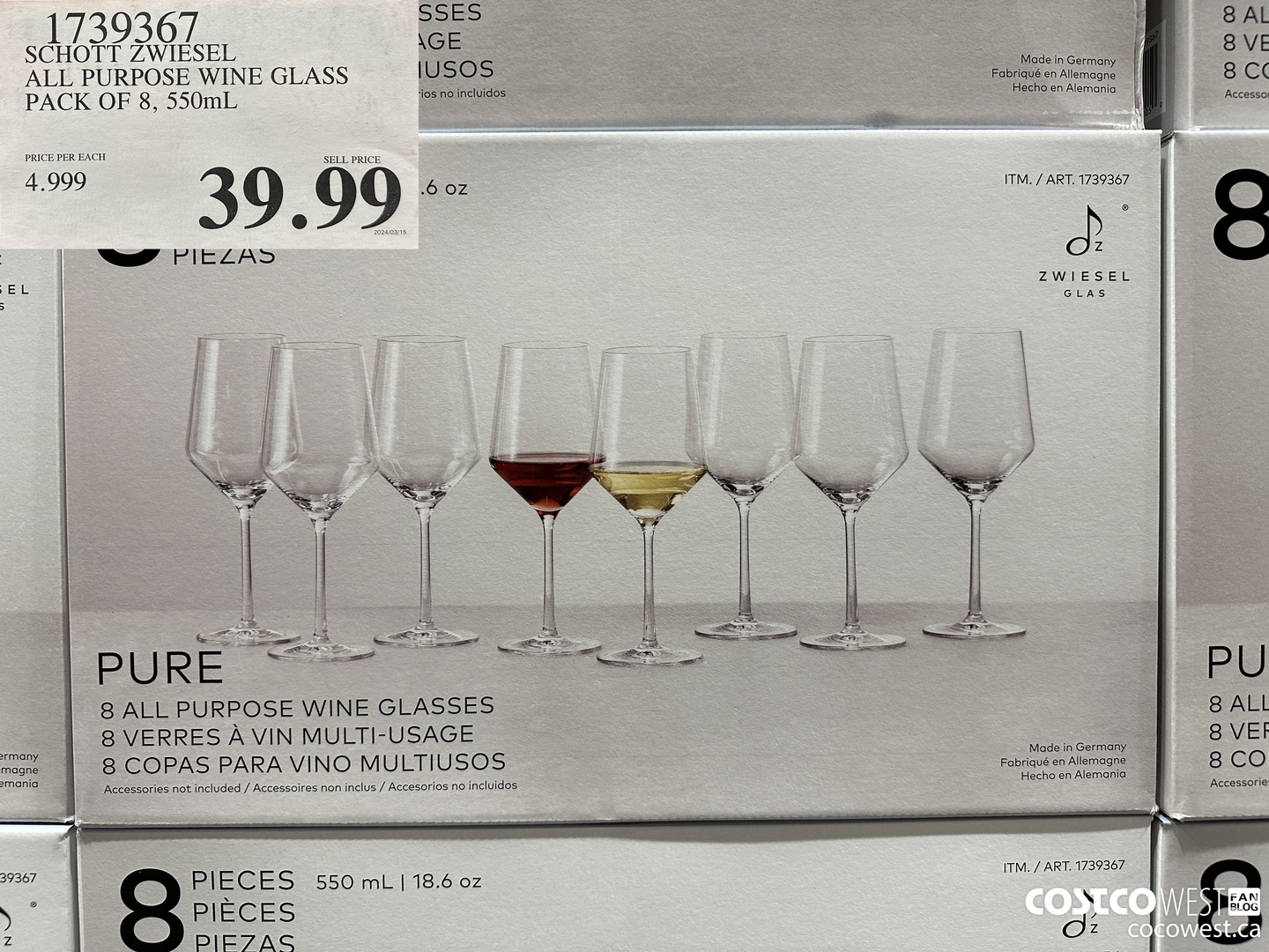 1739367 SCHOTT ZWIESEL ALL PURPOSE WINE GLASS PACK OF 8, 550mL $39.99