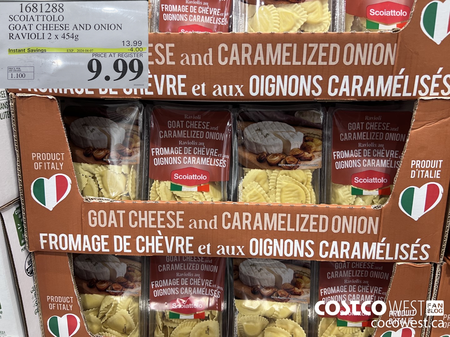 1681288 SCOIATTOLO GOAT CHEESE AND ONION RAVIOLI 2 X 454G ($4.00 INSTANT SAVINGS EXPIRES ON 2024-04-07) $9.99