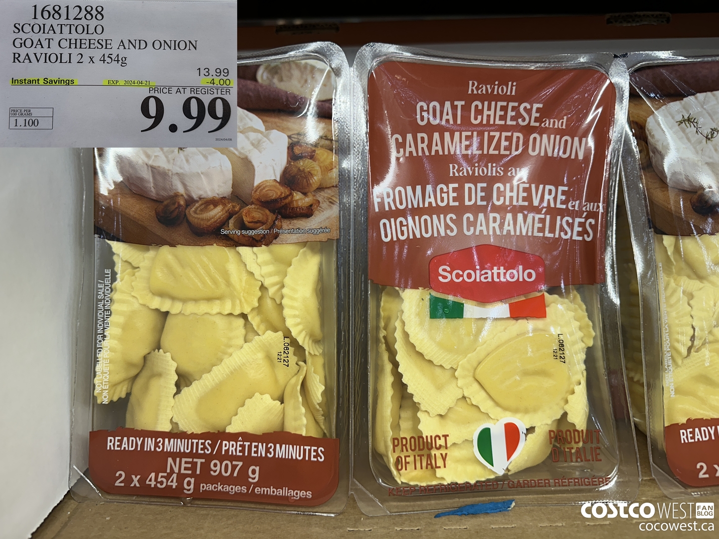 1681288 SCOIATTOLO GOAT CHEESE AND ONION RAVIOLI 2 X 454G ($4.00 INSTANT SAVINGS EXPIRES ON 2024-04-21) $9.99
