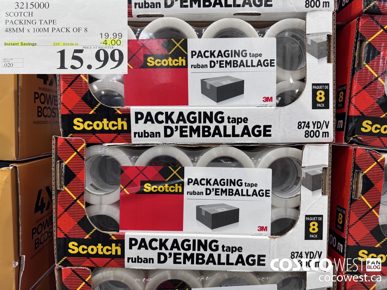 3215000 SCOTCH PACKING TAPE 48MM x 100M PACK OF 8 ($4.00 INSTANT SAVINGS EXPIRES ON 2024-04-14) $15.99