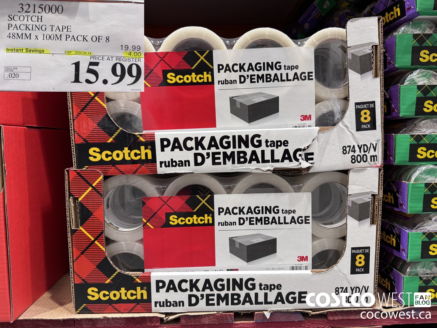 3215000 SCOTCH PACKING TAPE 48MM x 100M PACK OF 8 ($4.00 INSTANT SAVINGS EXPIRES ON 2024-04-14) $15.99