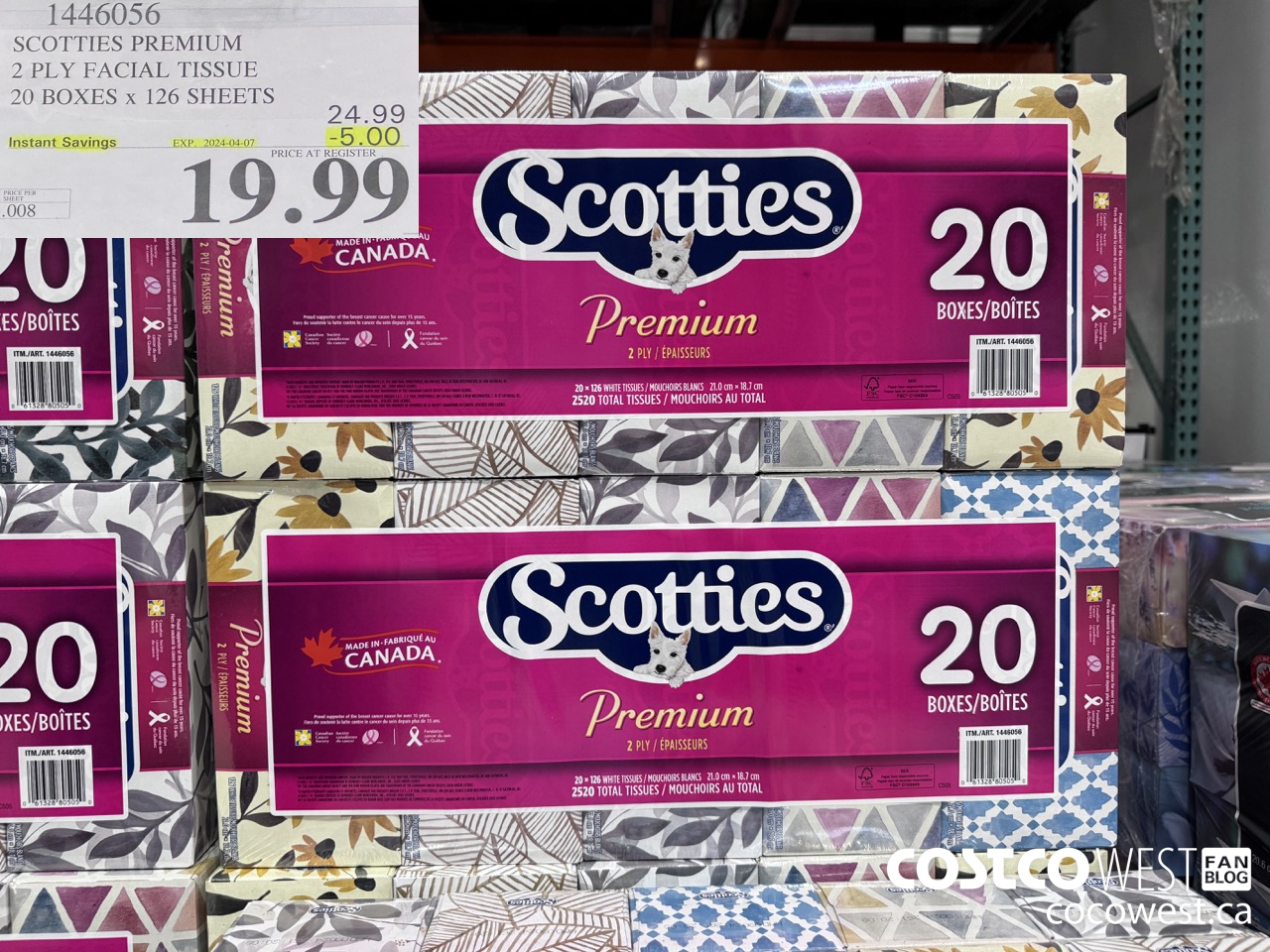 1446056 SCOTTIES PREMIUM 2 PLY FACIAL TISSUE 20 BOXES x 126 SHEETS ($5.00 INSTANT SAVINGS EXPIRES ON 2024-04-07) $19.99