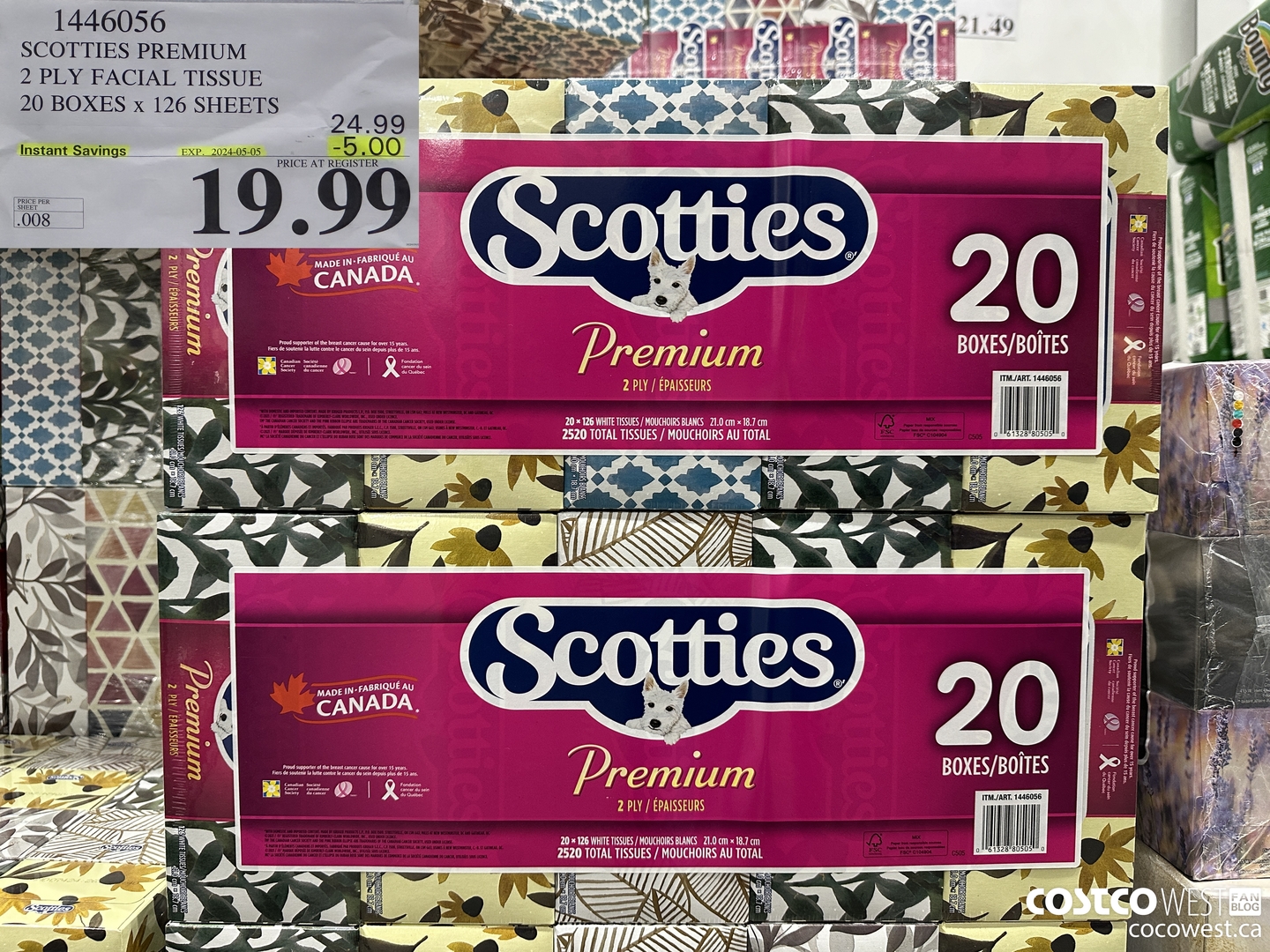 1446056 SCOTTIES PREMIUM 2 PLY FACIAL TISSUE 20 BOXES x 126 SHEETS ($5.00 INSTANT SAVINGS EXPIRES ON 2024-05-05) $19.99
