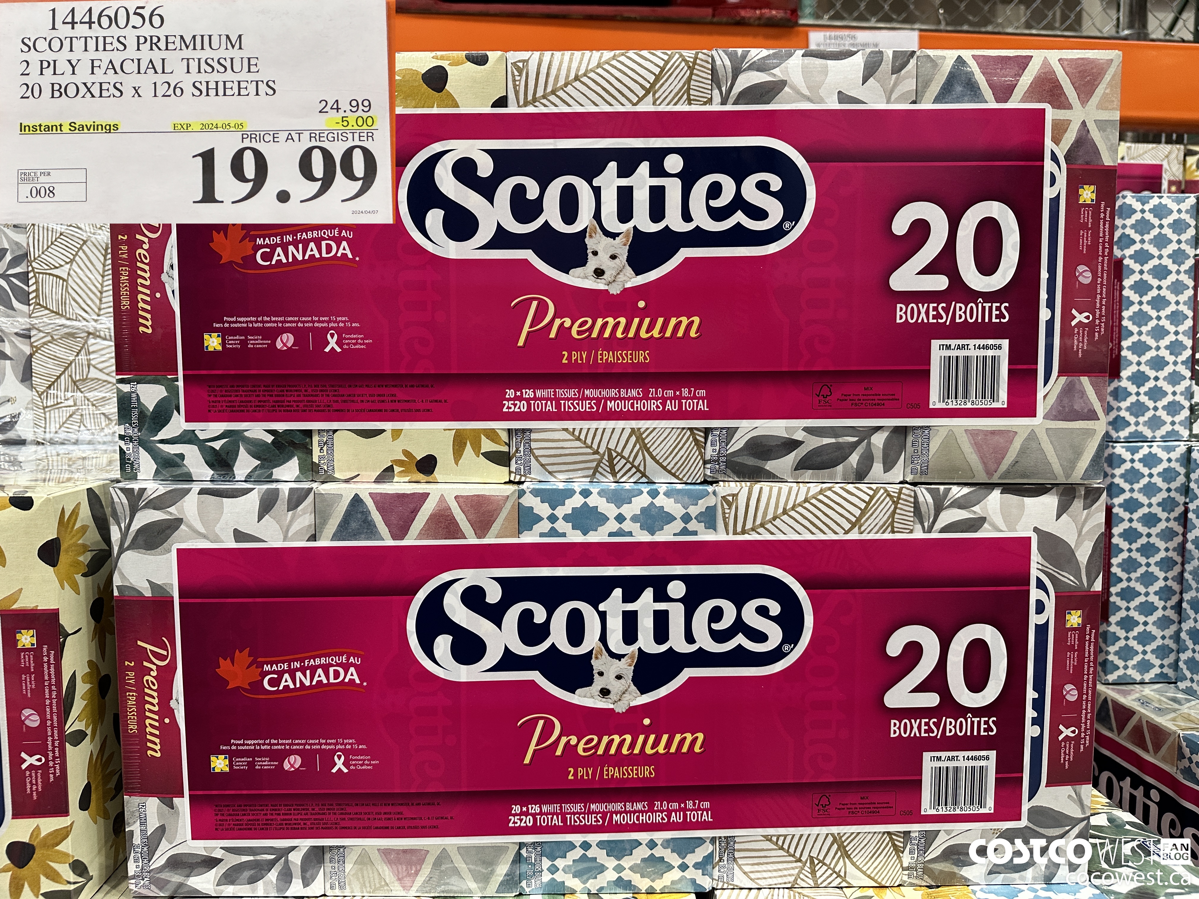 1446056 SCOTTIES PREMIUM 2 PLY FACIAL TISSUE 20 BOXES x 126 SHEETS ($5.00 INSTANT SAVINGS EXPIRES ON 2024-05-05) $19.99