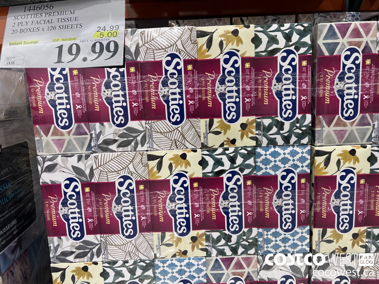 1446056 SCOTTIES PREMIUM 2 PLY FACIAL TISSUE 20 BOXES x 126 SHEETS ($5.00 INSTANT SAVINGS EXPIRES ON 2024-05-05) $19.99