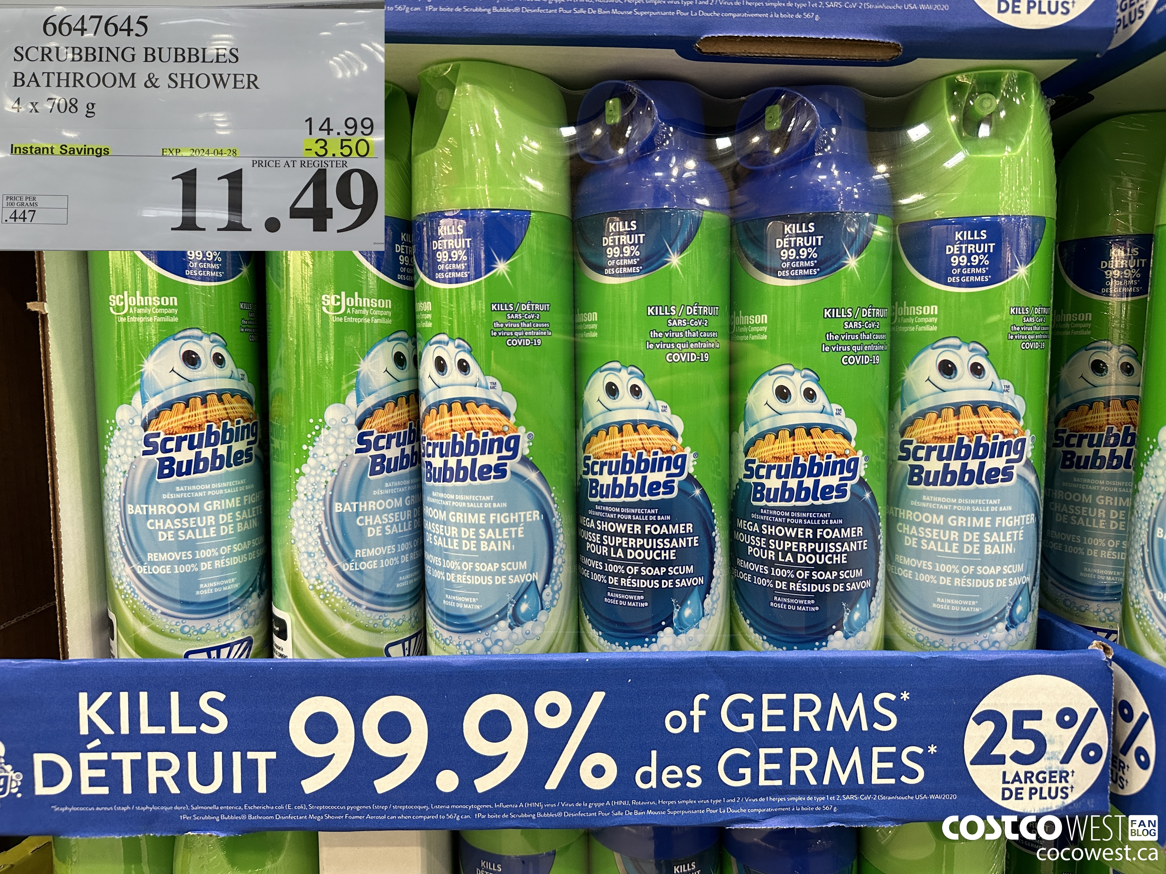 6647645 SCRUBBING BUBBLES BATHROOM & SHOWER 4 X 708G ($3.50 INSTANT SAVINGS EXPIRES ON 2024-04-28) $11.49