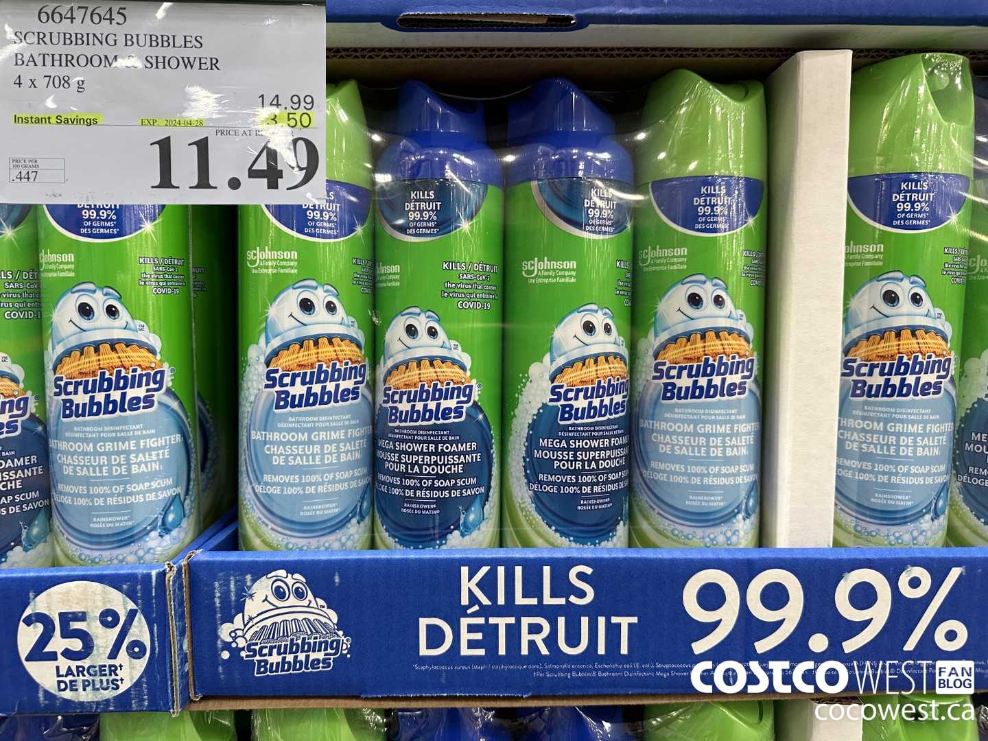 6647645 SCRUBBING BUBBLES BATHROOM & SHOWER 4 X 708G ($3.50 INSTANT SAVINGS EXPIRES ON 2024-04-28) $11.49