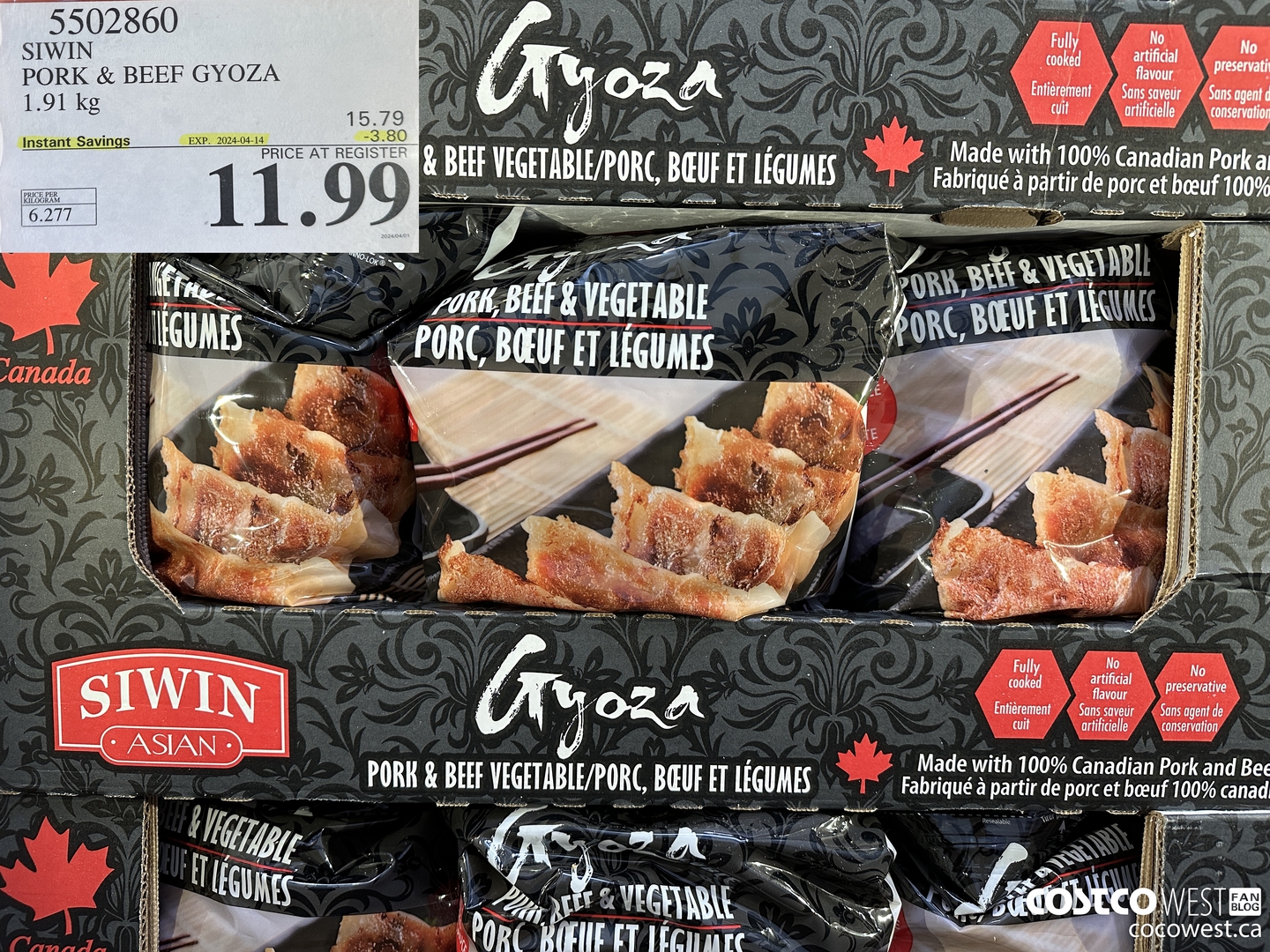 5502860 SIWIN PORK & BEEF GYOZA 1.91 KG ($3.80 INSTANT SAVINGS EXPIRES ON 2024-04-14) $11.99