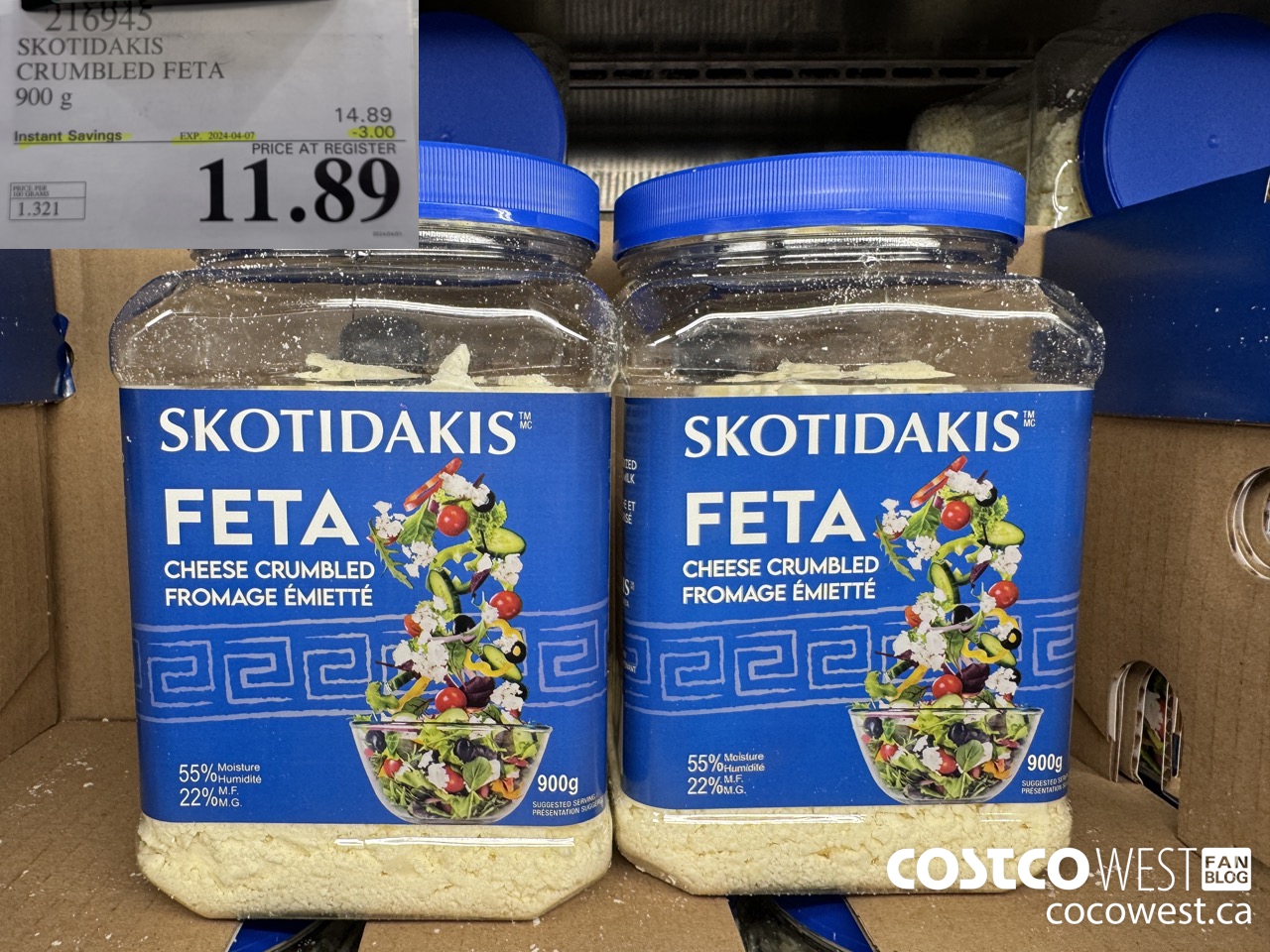 216945 SKOTIDAKIS CRUMBLED FETA 900 g ($3.00 INSTANT SAVINGS EXPIRES ON 2024-04-07) $11.89