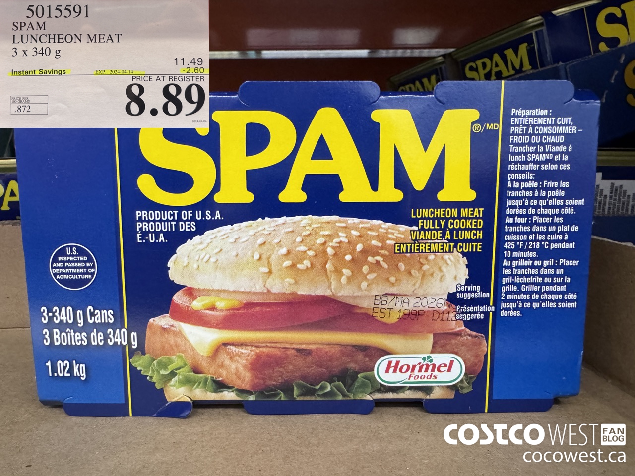 5015591 SPAM LUNCHEON MEAT 3 X 340 G ($2.60 INSTANT SAVINGS EXPIRES ON 2024-04-14) $8.89