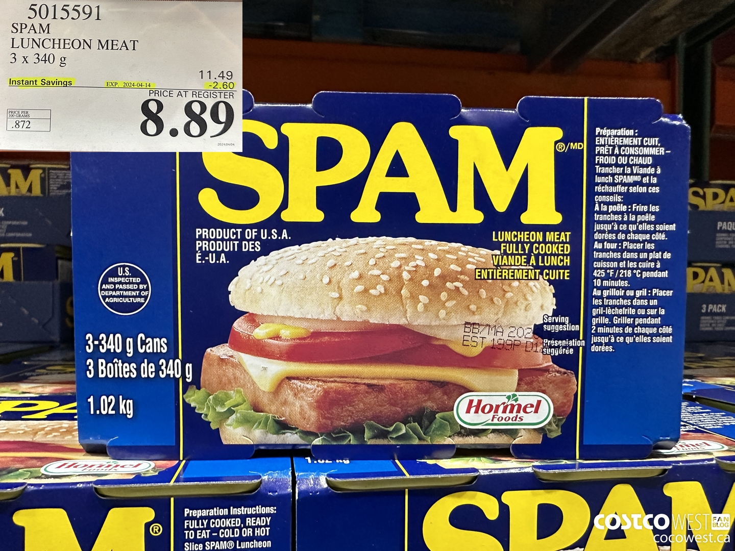 5015591 SPAM LUNCHEON MEAT 3 X 340 G ($2.60 INSTANT SAVINGS EXPIRES ON 2024-04-14) $8.89