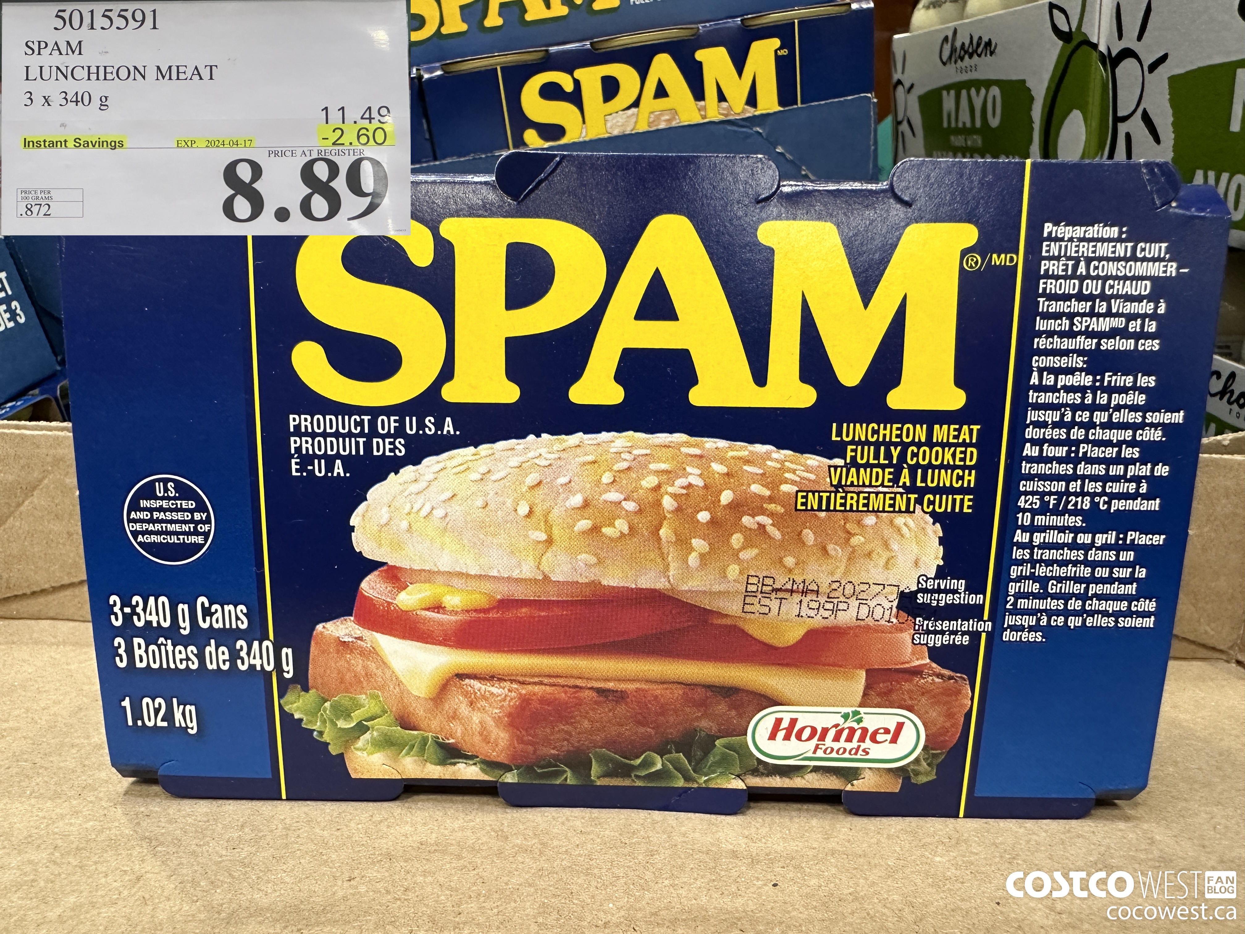 5015591 SPAM LUNCHEON MEAT 3 X 340 G ($2.60 INSTANT SAVINGS EXPIRES ON 2024-04-17) $8.89