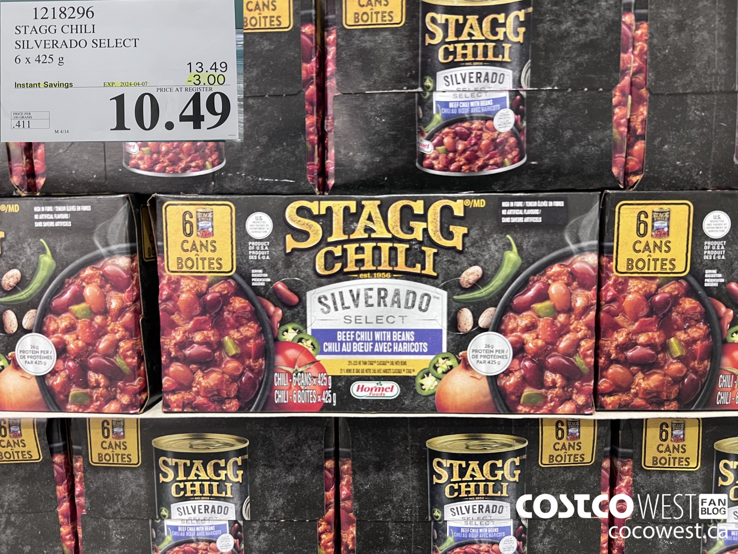 1218296 STAGG CHILI SILVERADO SELECT 6 x 425 g ($3.00 INSTANT SAVINGS EXPIRES ON 2024-04-07) $10.49