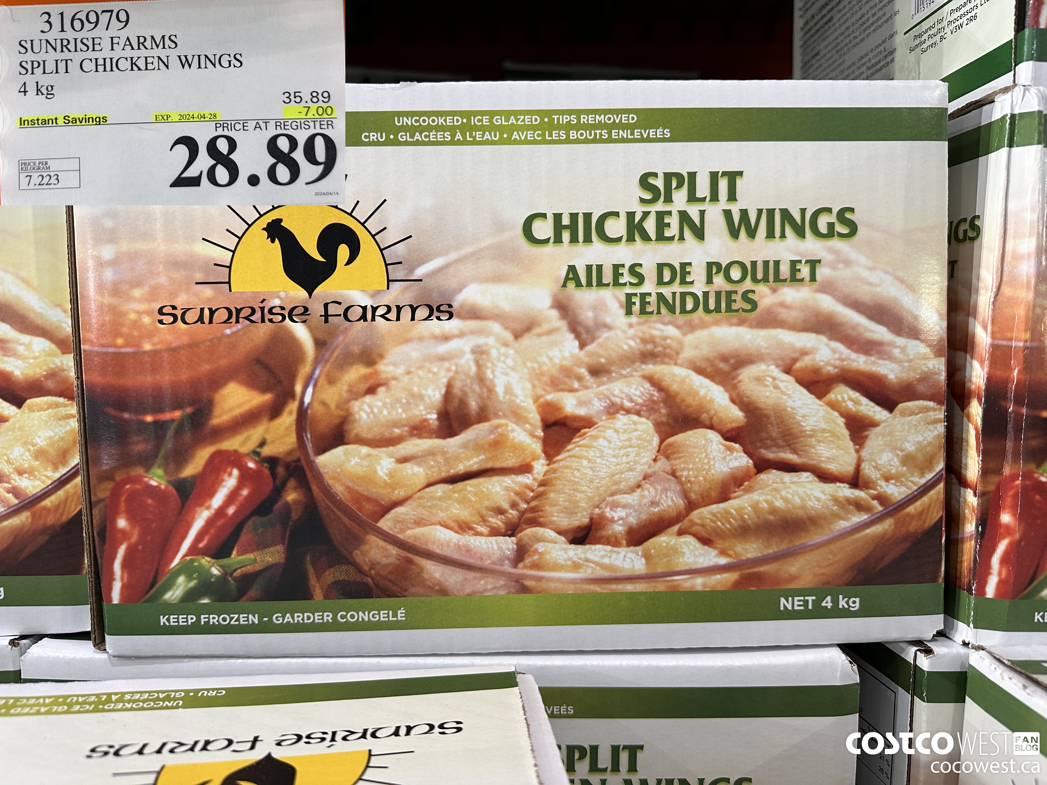 316979 SUNRISE FARMS SPLIT CHICKEN WINGS 4 kg ($7.00 INSTANT SAVINGS EXPIRES ON 2024-04-28) $28.89