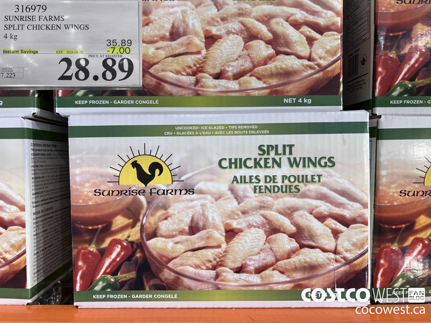 316979 SUNRISE FARMS SPLIT CHICKEN WINGS 4 kg ($7.00 INSTANT SAVINGS EXPIRES ON 2024-04-28) $28.89