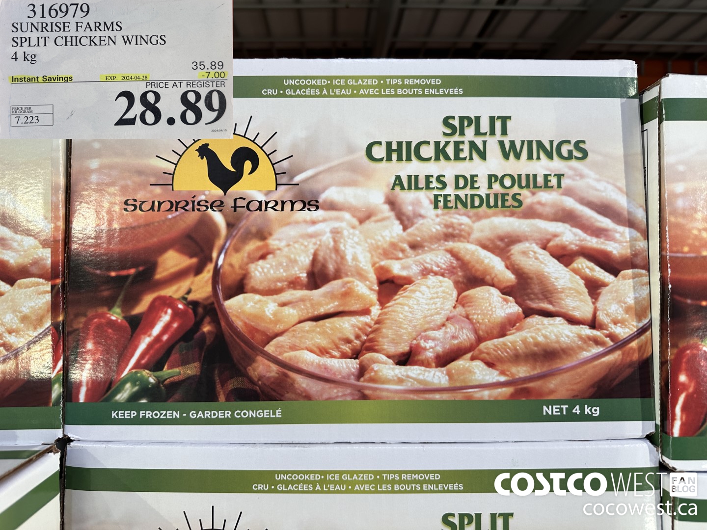 316979 SUNRISE FARMS SPLIT CHICKEN WINGS 4 kg ($7.00 INSTANT SAVINGS EXPIRES ON 2024-04-28) $28.89