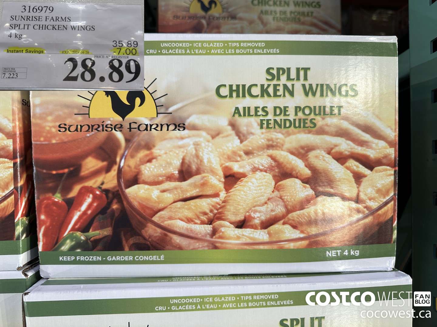 316979 SUNRISE FARMS SPLIT CHICKEN WINGS 4 kg ($7.00 INSTANT SAVINGS EXPIRES ON 2024-04-28) $28.89