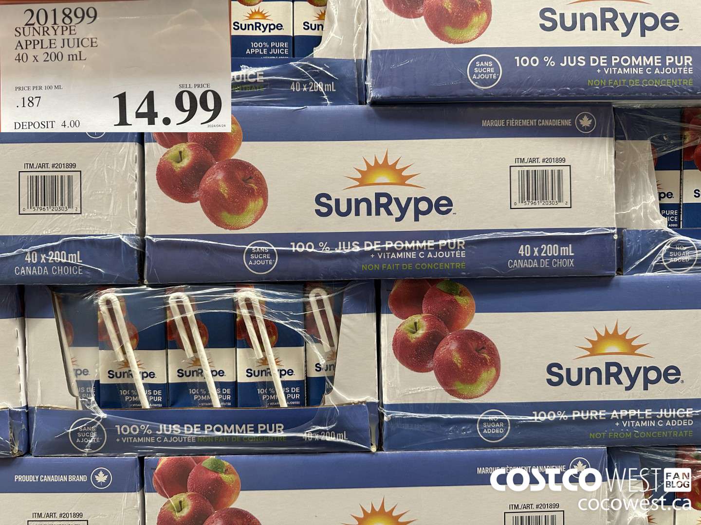 201899 SUNRYPE APPLE JUICE 40 x 200 mL $14.99