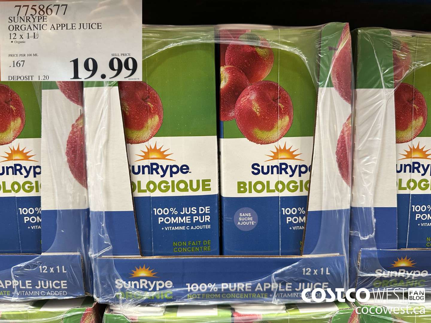 7758677 SUNRYPE ORGANIC APPLE JUICE 12 x 1 L $19.99