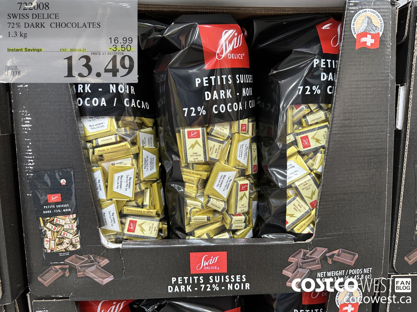 722008 SWISS DELICE 72% DARK CHOCOLATES 1.3 KG ($3.50 INSTANT SAVINGS EXPIRES ON 2024-04-23) $13.49